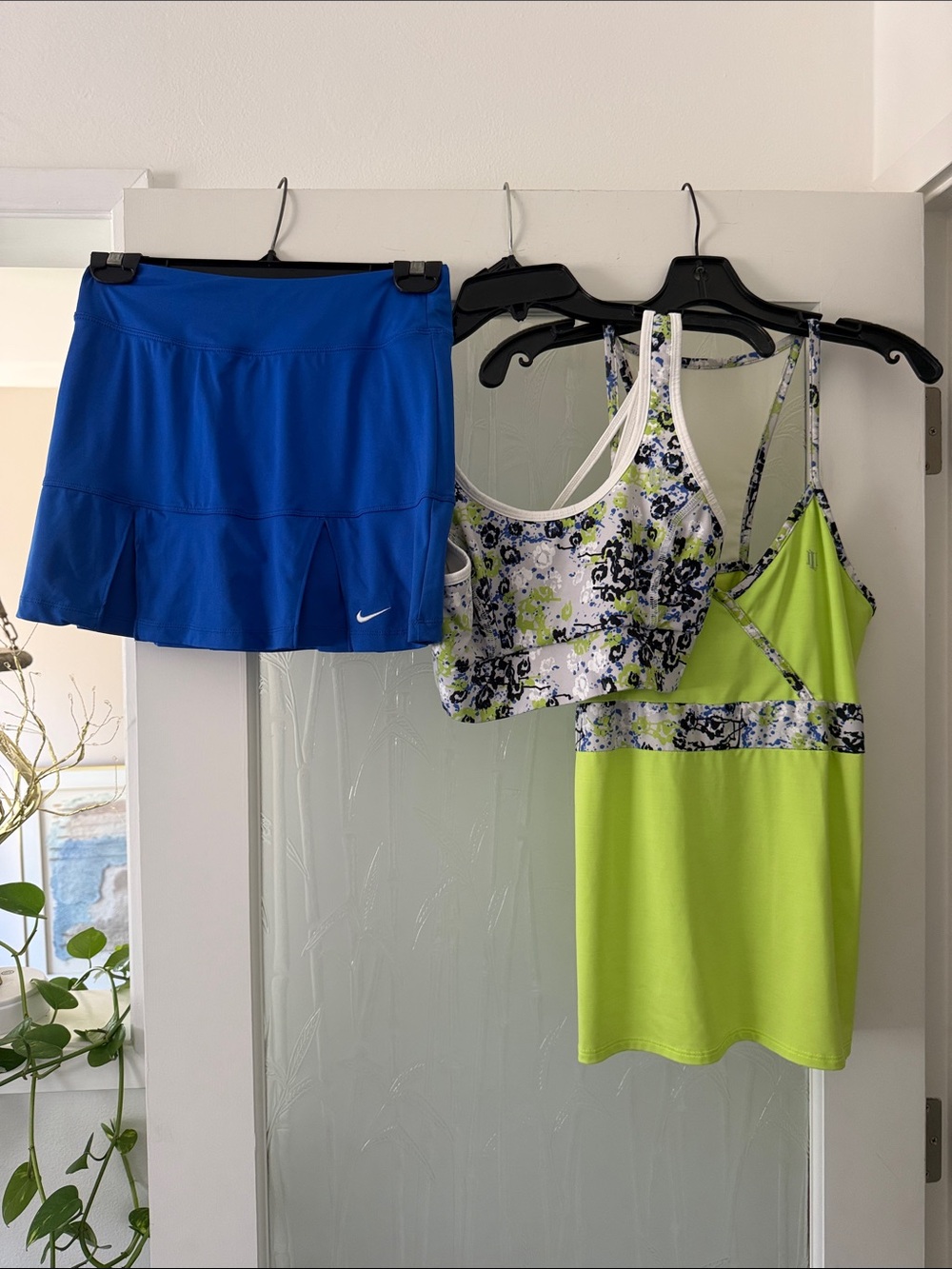 Super Cute Nike Blue Athletic Skort with Lime Green Tank and Printed Sports Bra